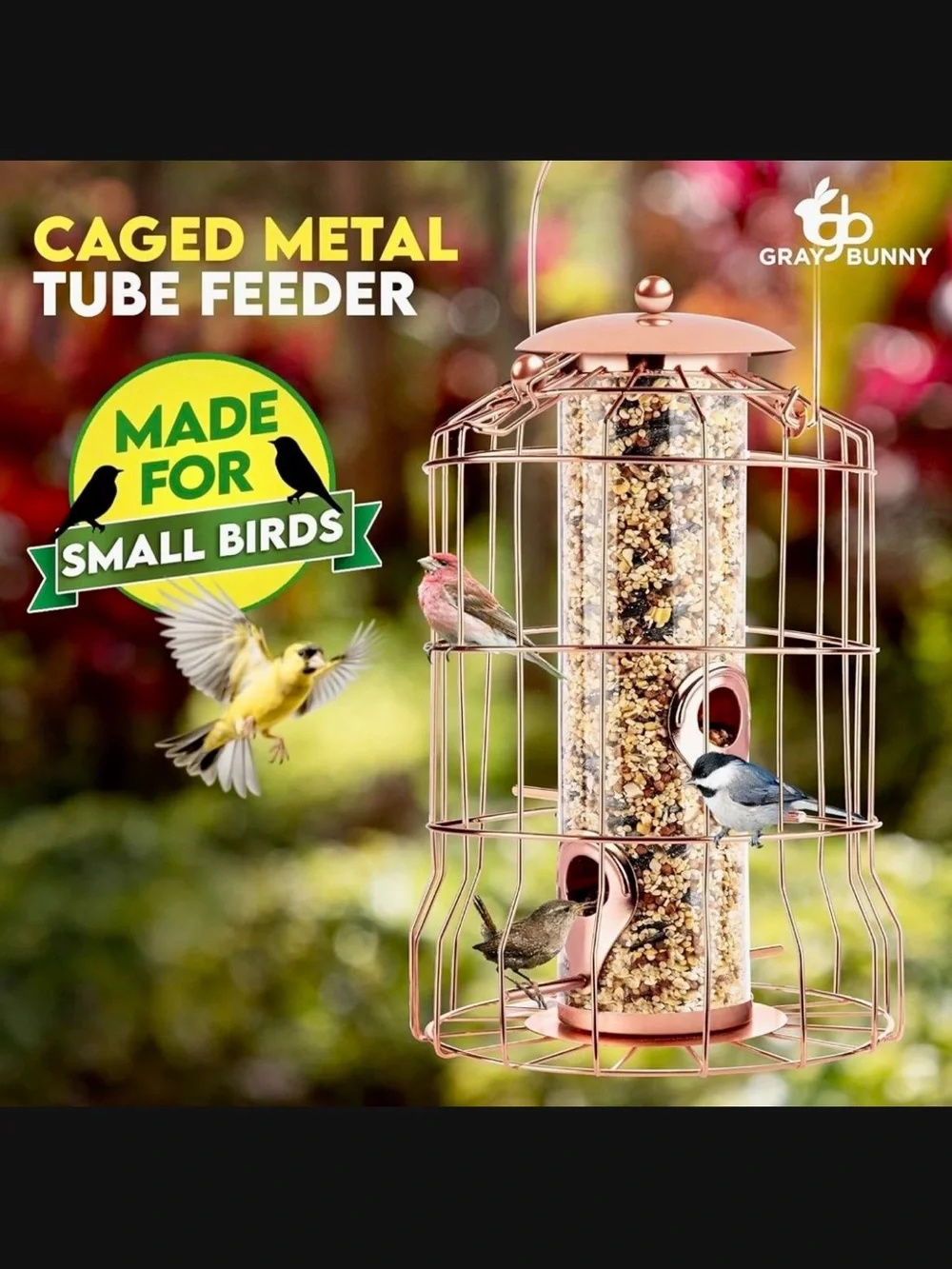 Gray Bunny Rose Gold Bird Seed Feeder Decorative Caged Tube Bird Feeder New